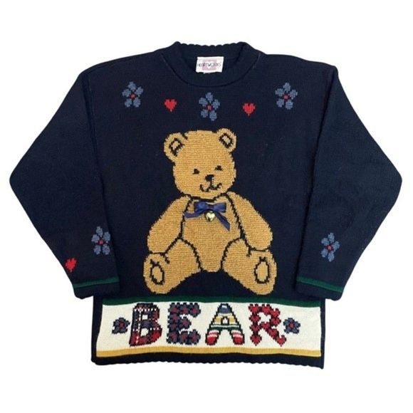 Vintage Heartworks Made in the USA Bear Floral Sweater 80’s Girls Size Medium - Picture 1 of 8